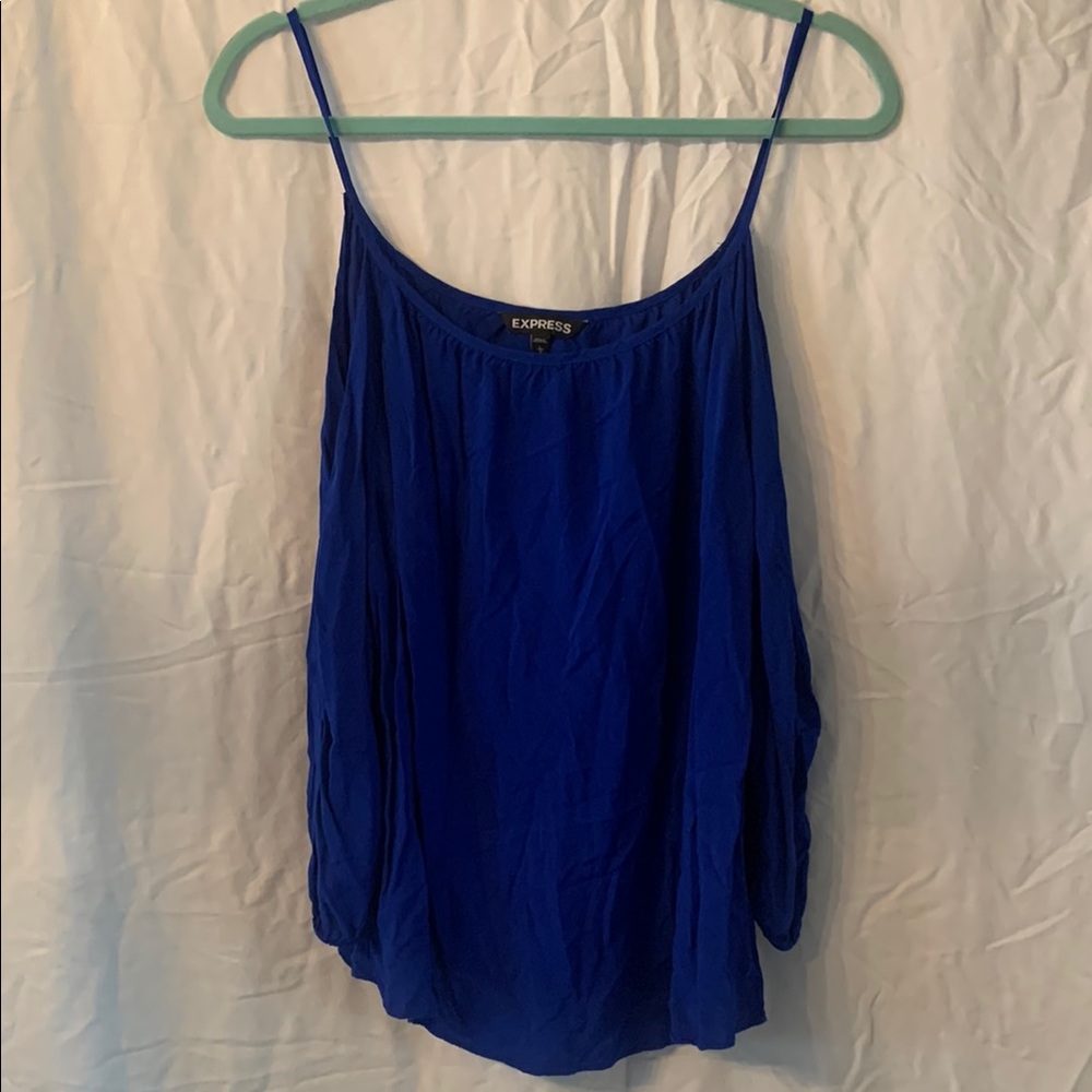 Express Blue Open Shoulder with Cuffed Sleeves Relaxed Blouse